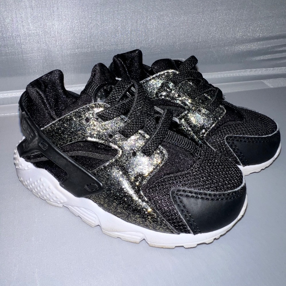 Nike Air Huarache Run Kids Sneakers Black Gold Glitter Athletic Shoes 704949-014